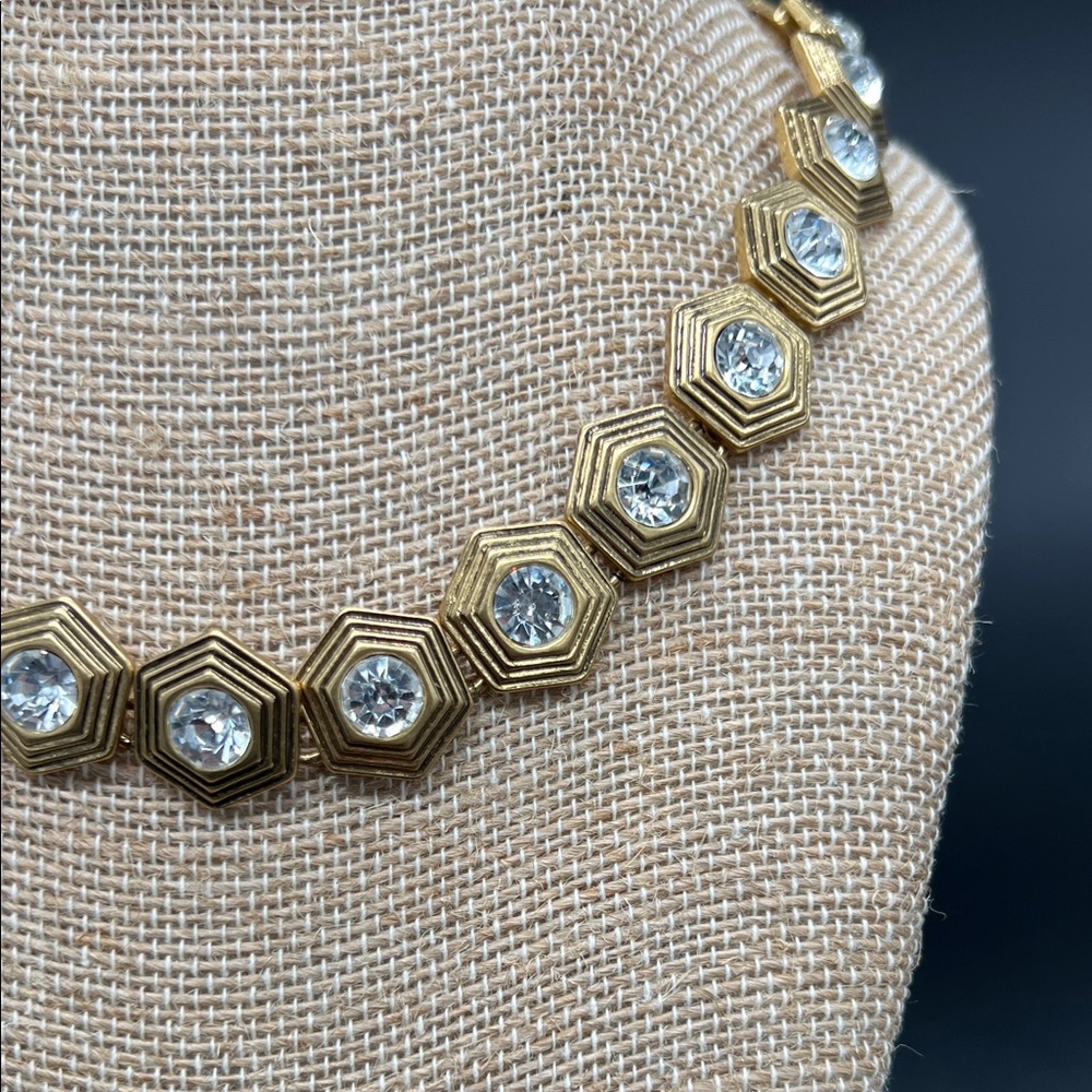 J. Crew Vintage Gold Tone Rivoli Rhinestone Hexagon Necklace 1990s - Picture 3 of 9